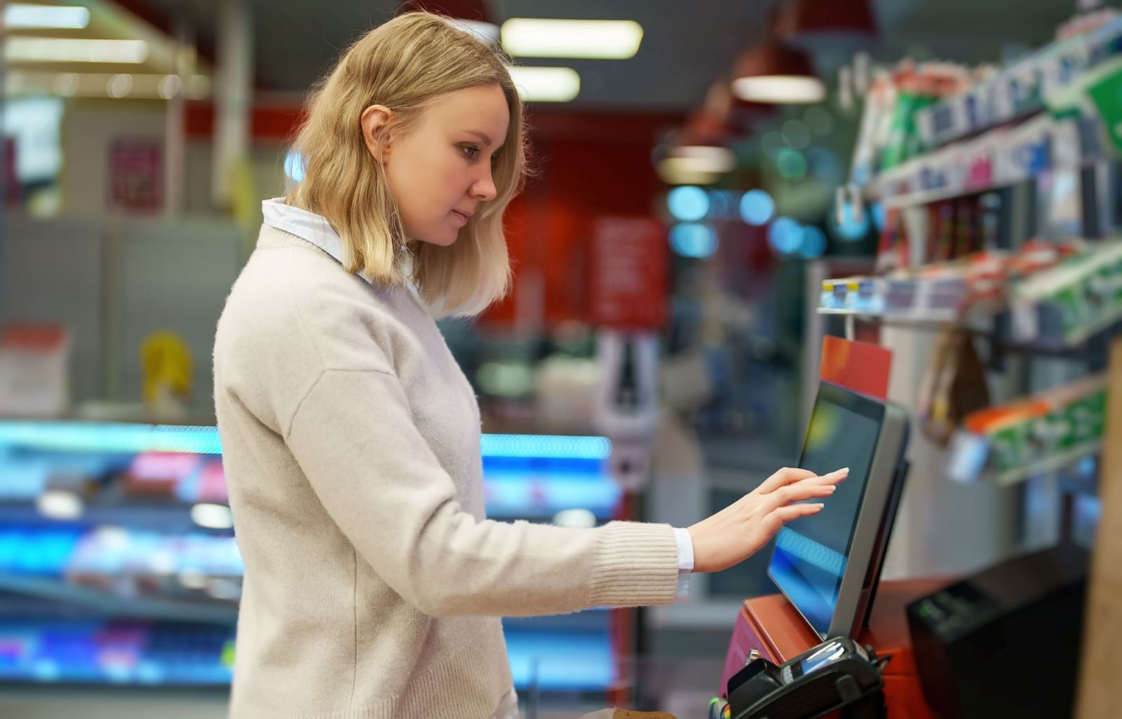Mulher digitando em um totem de autoatendimento em um supermercado